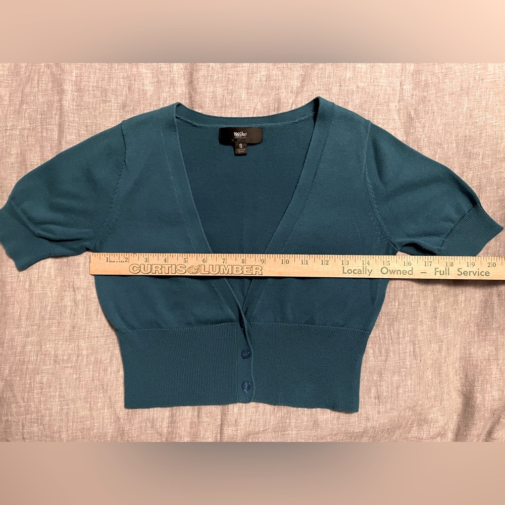Mossimo size small 100% cotton Teal Knit Short Sleeve Cardigan cropped top euc - Picture 4 of 6